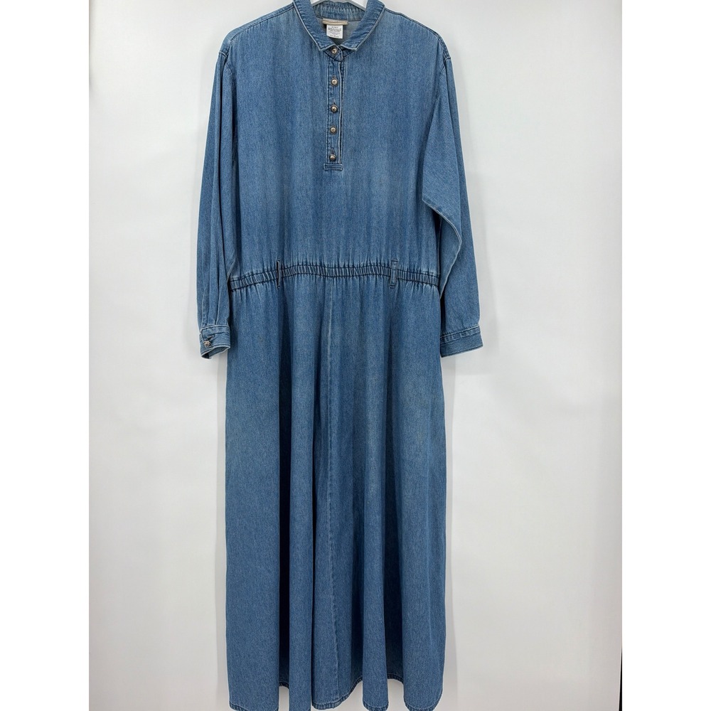 Coldwater Creek Denim Maxi Dress Long Sleeve USA Sz 16 Cottagecore Western Vtg